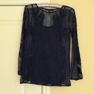 WHBM Dark blue / navy sheer long sleeve top with floral embroidery